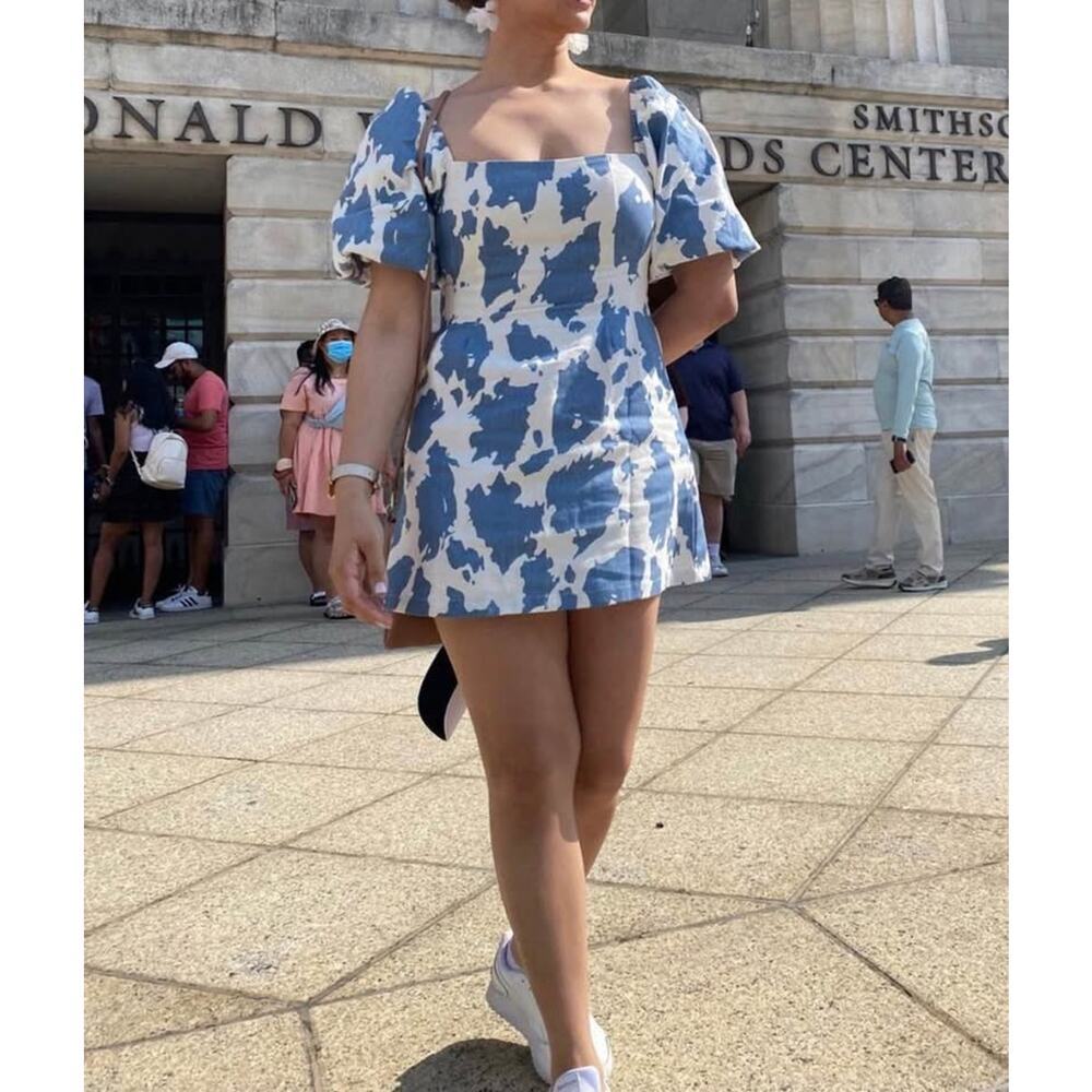 Cider Women’s Small Blue Cow Print Puff Sleeve Mini Dress